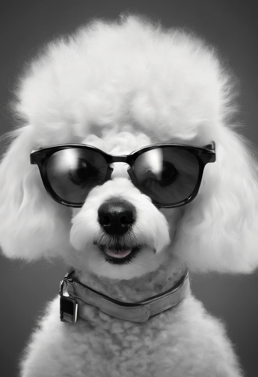 There's a little white Poodle puppy with sunglasses, peluda bonita precisa de sua ajuda, Looking towards the camera, queixo pequeno, bonita, taken with sony a7r camera, olhar desleixado, Oi, monochrome black and white, lovingly looking at camera,