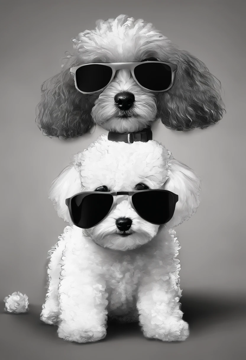 There's a little white Poodle puppy with sunglasses, peluda bonita precisa de sua ajuda, Looking towards the camera, queixo pequeno, bonita, taken with sony a7r camera, olhar desleixado, Oi, monochrome black and white, lovingly looking at camera,