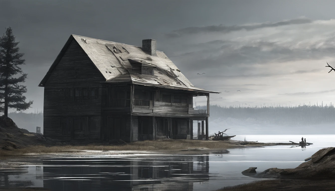 A house stands in the middle of the last days on the shore of a lake, Weathering of roads and trails, long time ago，Disaster is coming.