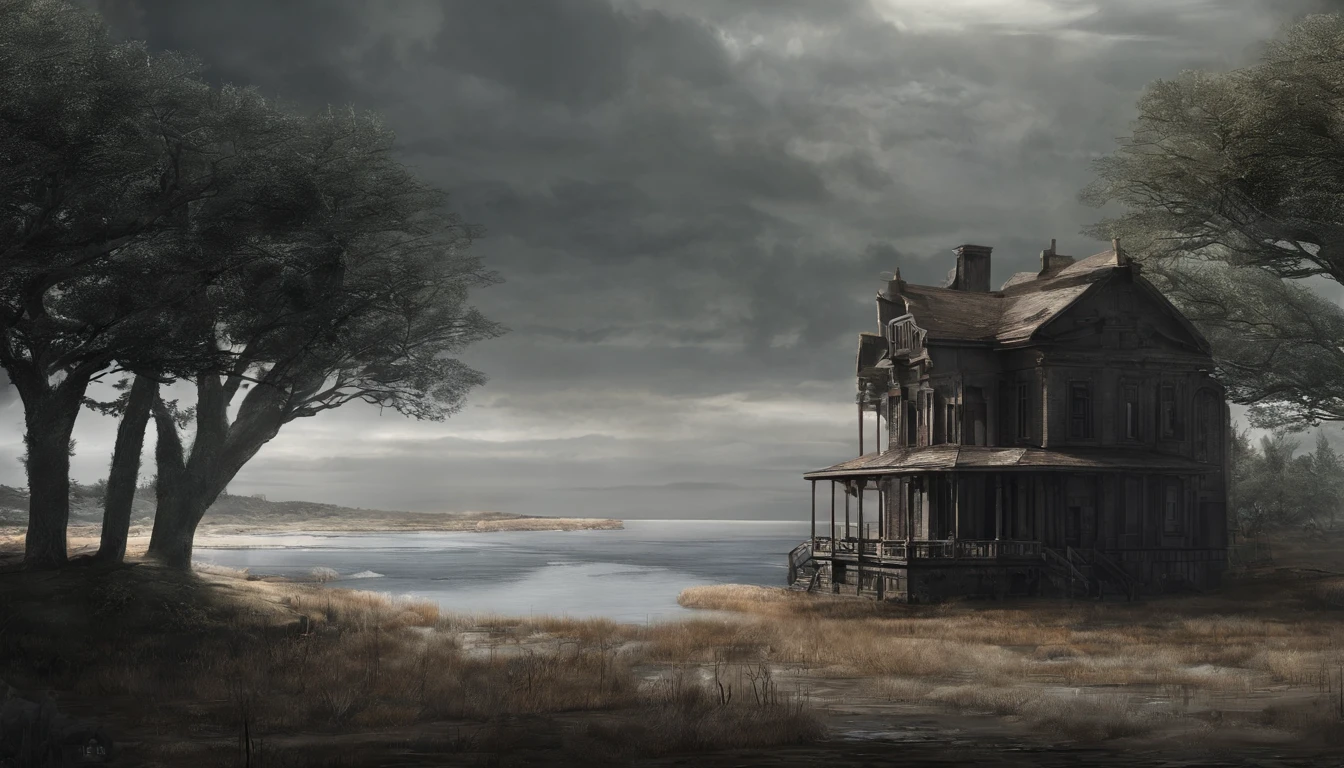 A house stands in the middle of the last days on the shore of a lake, Weathering of roads and trails, long time ago，Disaster is coming.