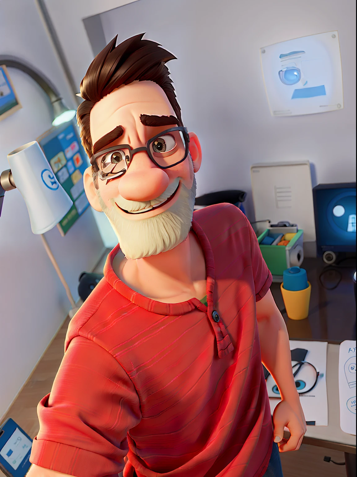 Um homem branco de 20 anos, With eye Glasses, bigode e barba no queixo, parado na frente, illuminated by the light of a lamp, contra o pano de fundo de uma igreja