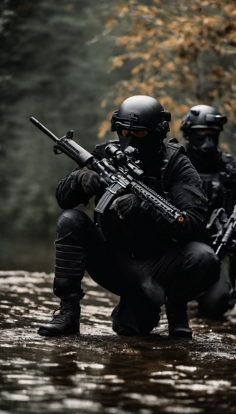 (Best quality,4K,8K,A high resolution,Masterpiece:1.2),Ultra-detailed,(Realistic,Photorealistic,photo-realistic:1.37), One of them was wearing a black SWAT uniform，Man in black helmet, A man in a black mask holds a gun, Air rifle CQB, French Special Operations, realistic soldiers, Soldiers in tactical equipment, tactical gear, cinematic —ar 16:9, realistic military equipment, Tactical armor, Black tactical equipment, combat outfit, Futuristic soldier costume, special forces security