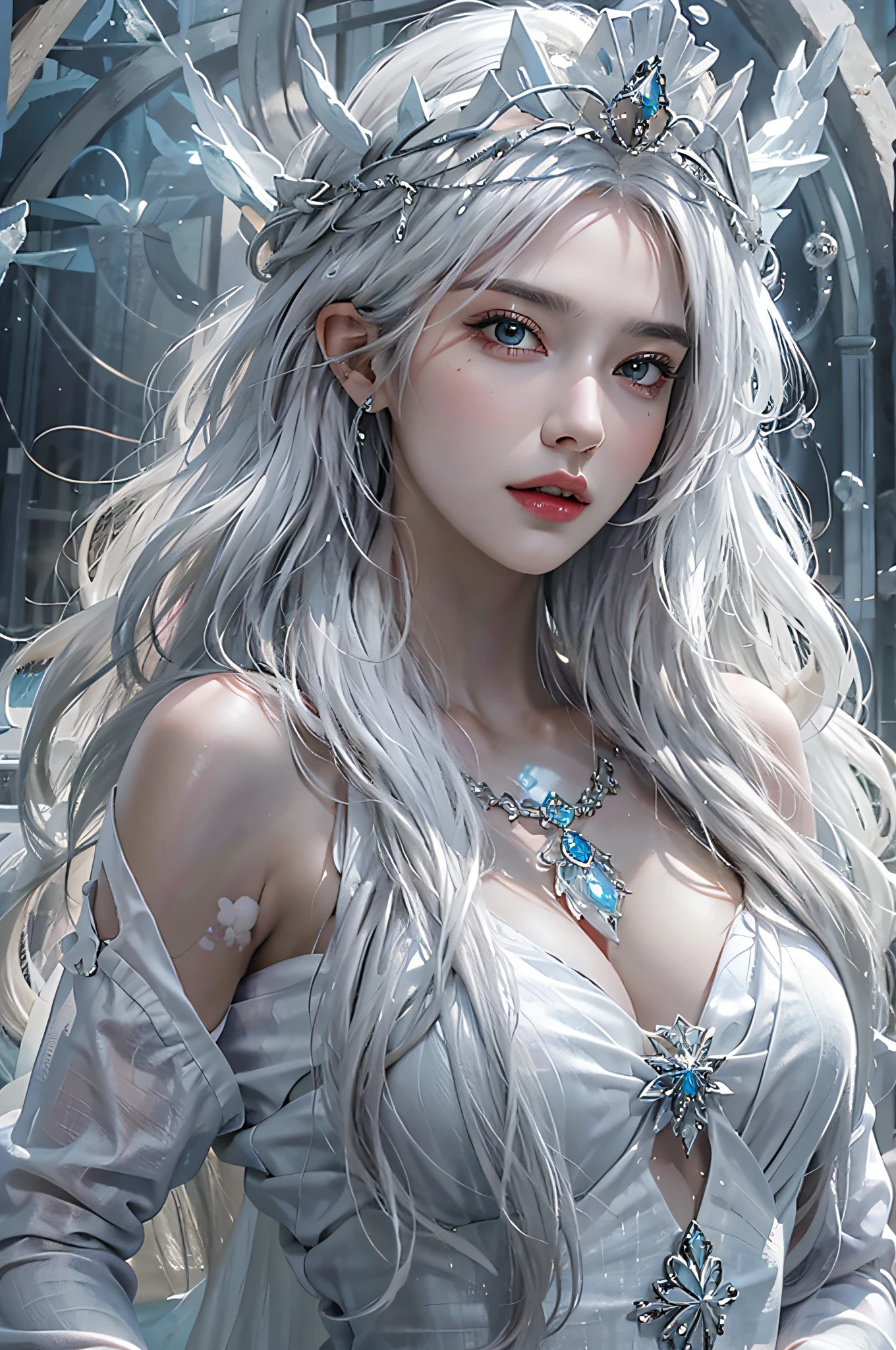 Photorealistic, high resolution, 1womanl, Solo, Hips up, view the viewer, (Detailed face), White hair, Long hair, dress, Ice Queen, crown, jewelry, tattoo