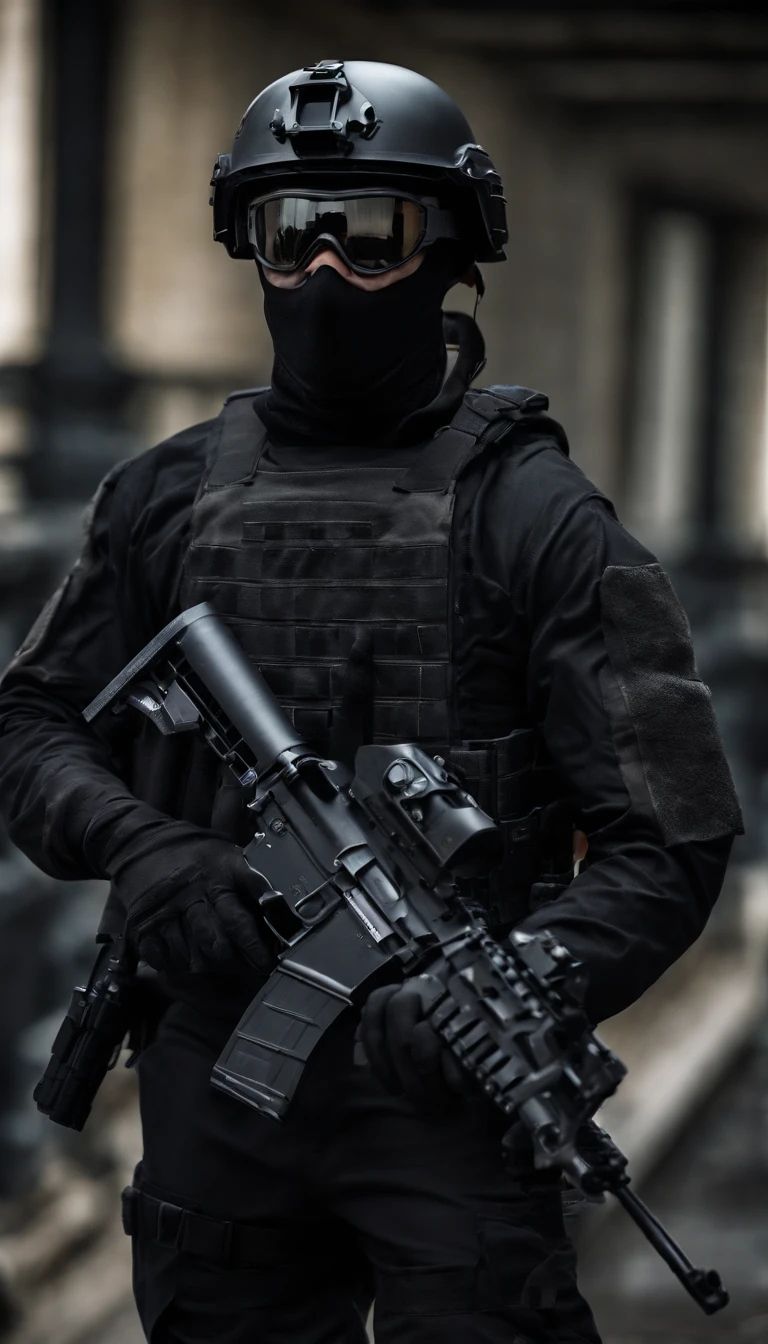 (Best quality,4K,8K,A high resolution,Masterpiece:1.2),Ultra-detailed,(Realistic,Photorealistic,photo-realistic:1.37), One of them was wearing a black SWAT uniform，Man in black helmet, A man in a black mask holds a gun, Air rifle CQB, French Special Operations, realistic soldiers, Soldiers in tactical equipment, tactical gear, cinematic —ar 16:9, realistic military equipment, Tactical armor, Black tactical equipment, combat outfit, Futuristic soldier costume, special forces security(Best quality,4K,8K,A high resolution,Masterpiece:1.2),Ultra-detailed,(Realistic,Photorealistic,photo-realistic:1.37), One of them was wearing a black SWAT uniform，Man in black helmet, A man in a black mask holds a gun, Air rifle CQB, French Special Operations, realistic soldiers, Soldiers in tactical equipment, tactical gear, cinematic —ar 16:9, realistic military equipment, Tactical armor, Black tactical equipment, combat outfit, Futuristic soldier costume, special forces security