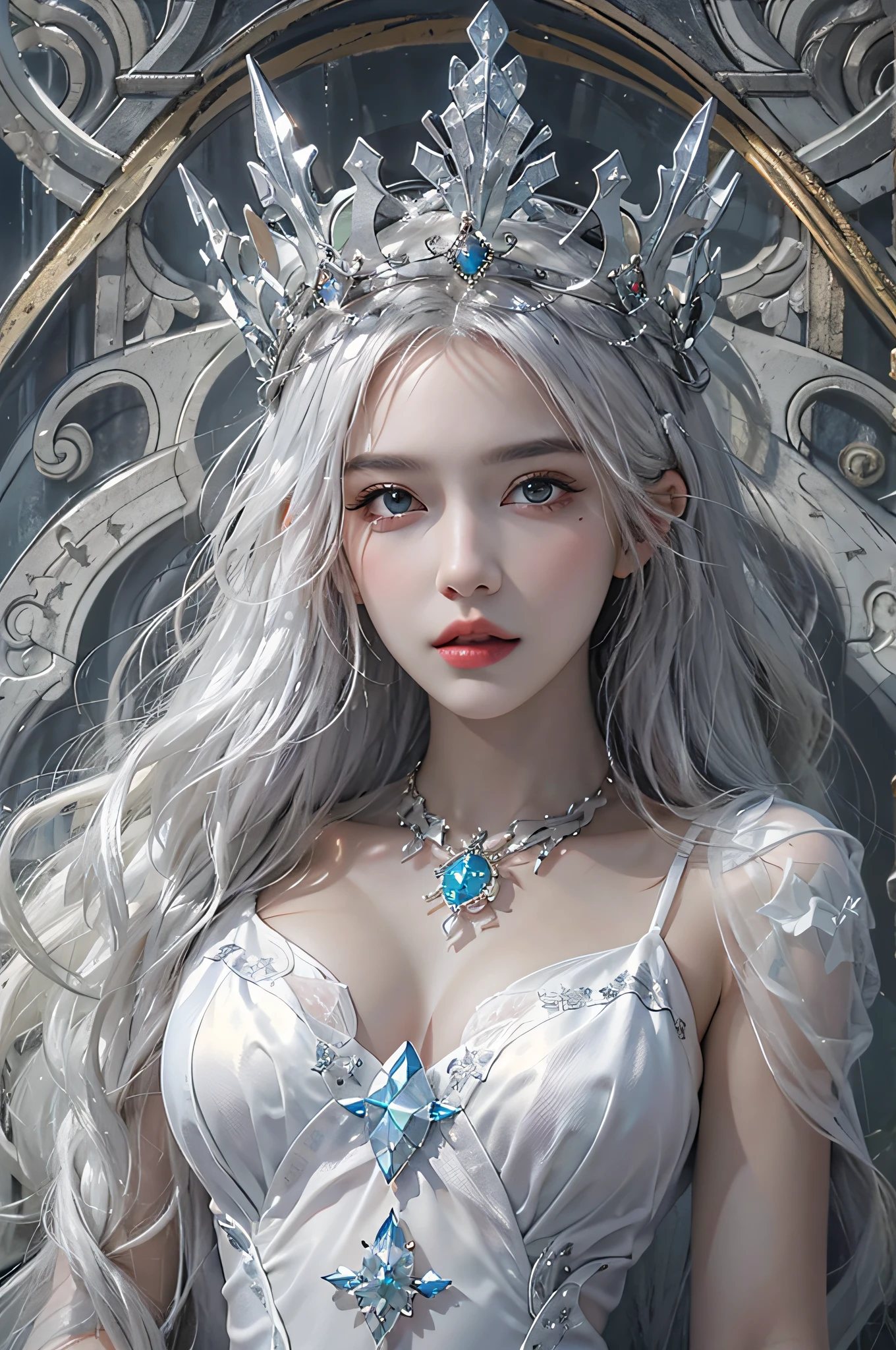 ((highest quality、table top、8K、best image quality、extremely complex and detailed depiction))、one snow princess、(Snow Maiden in the most luxurious palace made of ice:1.1)、(The most elaborate and luxurious sparkling ice palace cathedral:1.2)、(Inside the most fantastic giant palace made of ice:1.2)、(The most fantastic cathedral made of intricate glowing ice:1.2)、(beautiful transparent ice:1.1)、The background is a detailed ice palace、beautiful domed ceiling、(A palace made of intricately shining transparent ice:1.2)、(Elegant palace columns made of ice and crystal:1.05)、(Symmetrical composition when viewed from the front:1.2)、jeweled palace、Inside the symmetrical palace、(very romantic:1.05)、sacred and mysterious palace、(Filled with fantastic light blue light:1.1)、Beautiful shining crystal、The most luxurious and highest quality giant tiara、The most luxurious and highest quality giant necklace、[big breasts]、(skin as white as snow:1.05)、glowing skin、(A glittering silver-white jeweled dress of the highest quality:1.1)、Elegant and beautiful pure white snow dress、elegant decoration、Diamond decoration、artistic decoration、Luxury beyond imagination、the most luxurious decoration in the world、pure white makeup、Dresses that shine in silver、jewelry embellishments、Luxury beyond imagination、the most luxurious decoration in the world、Diamond dust、The most realistic and complex background、Highly detailed and realistic background、the best smile when you look at me、(beautiful snow is falling:1.05)、(close up of princess face:1.2)、(blurred background:1.1)、(mysterious fairy tale fog:1.15)、beautiful silver light blue hair、amazing movie lighting effects、Natural forehead、Complex and detailed background、the most delicate shine、Backgrounds with depth、low contrast、(Surrounded by a fantastic soft light:1.1)