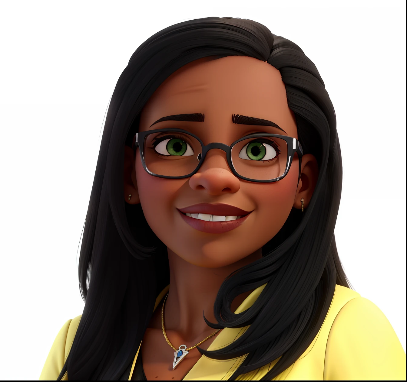 Uma mulher advogada, jovem, Serious, Chic and wise, com cabelo longo e liso escuro, olhos na cor preta, olhos esbugalhados e boca grande, with black dress pants, blusa preta e brazer verde bandeira, of prescription glasses with brown frame with ounce, salto alto preto, In a fancy law firm.