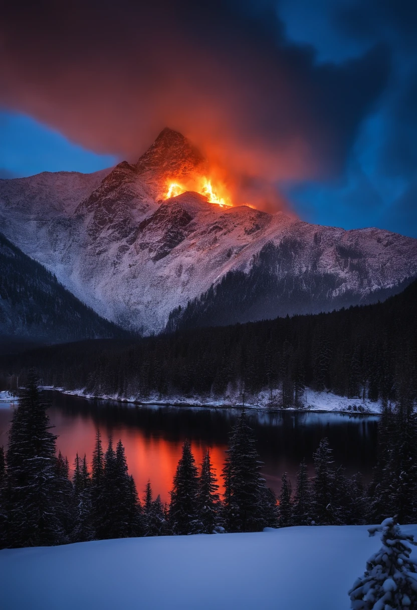 Amazing beautiful landscape glowing at night with rain falling down the mountain peaks with fire all over but not burning anything