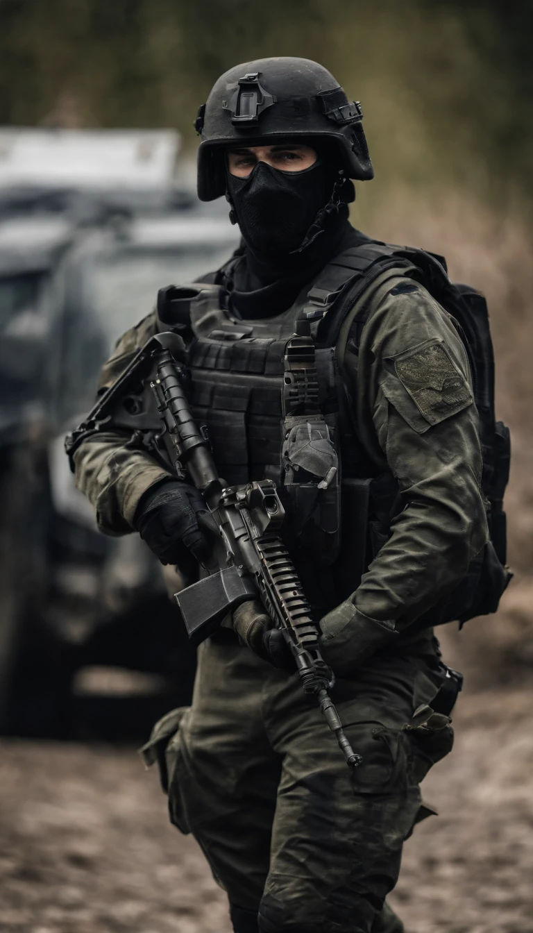 Military man wearing green uniform and combat pants, wearing black A.L.I.C.E rig and black PASGT with black goggle, wielding Ak47