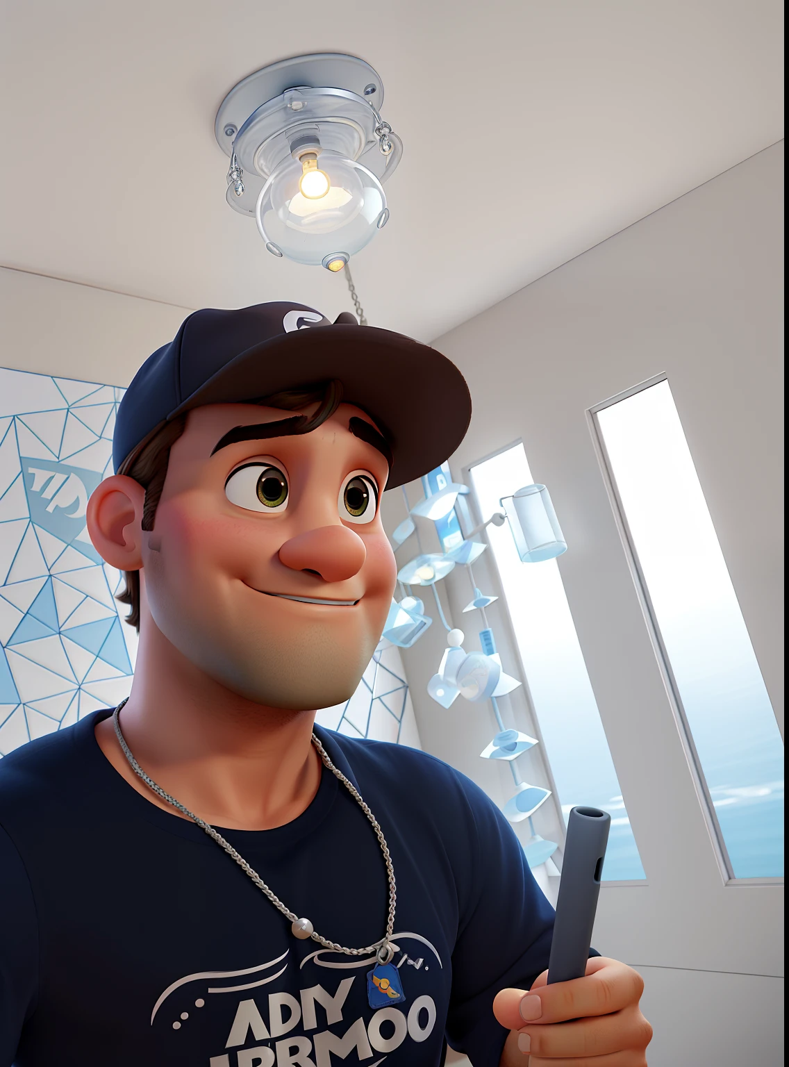 poster no estilo disney pixar, alta qualidade, melhor qualidade, homem sexy branco, 30 anos cabelo loiro, musculoso, with professional camera, com um lustre de cristal no teto