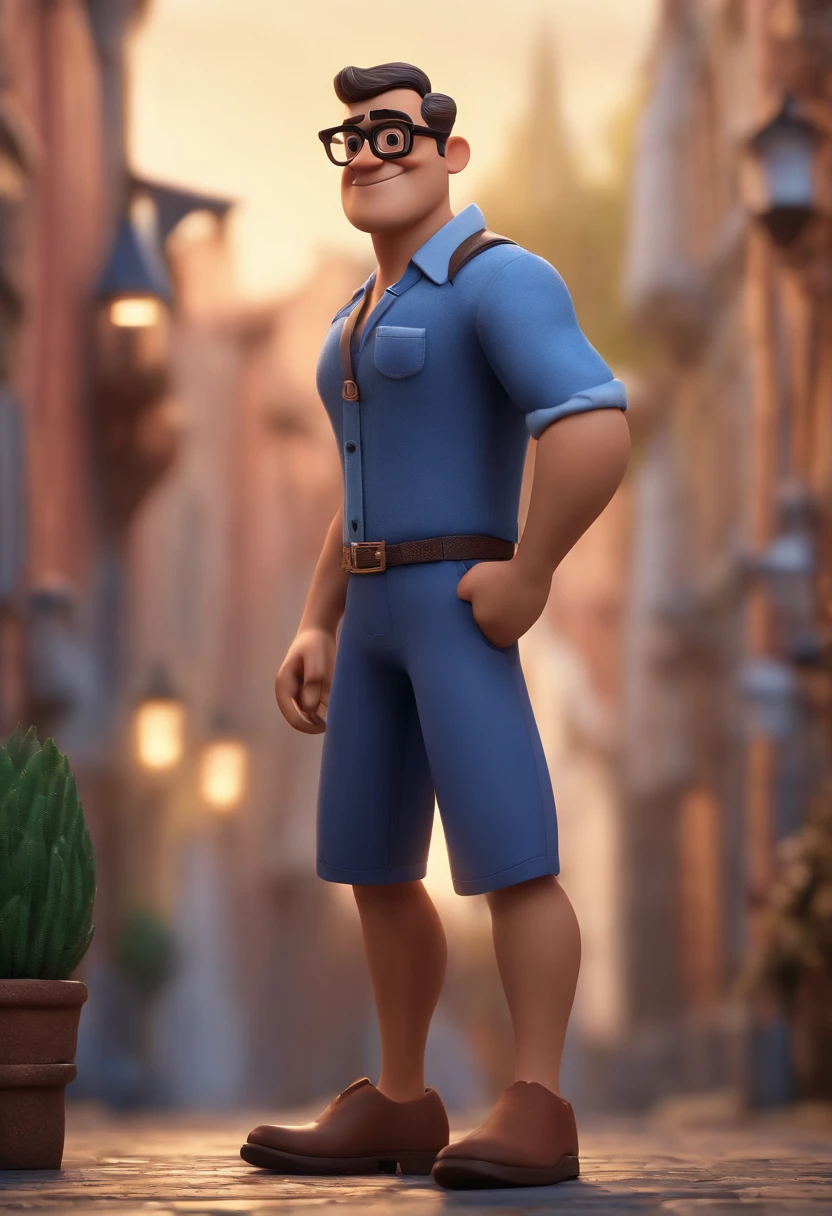 Cartoon character of a man with black glasses, careca e uma camisa azul, animation character, Caractere estilizado, animation style rendering, 3D estilizado, Arnold Maya render, 3 d render stylized, toon render keyshot, Personagem 3D, Personagem 3D, 3d rendering stylized, 3 d character render, personagem de desenho animado, Personagem de close up, Pose de personagem,  (Estilo Pixar) (master part:1.2) (Bokeh) (best quality) (pele detalhada) (textura detalhada) (8k) (argila) (Cinematic lighting) (foco nítido