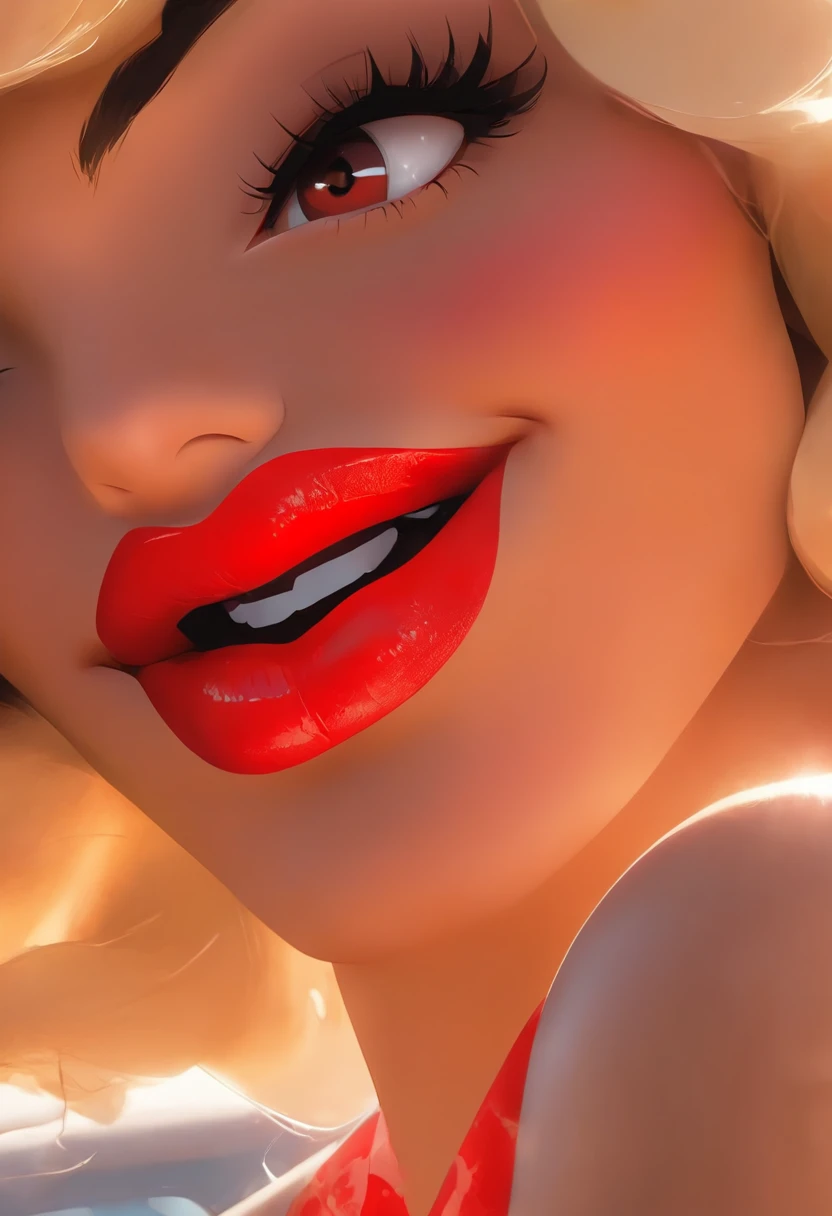 Blonde woman with red lipstick and necklace in car with hand up, imagem de perfil, red lips, foto do perfil, Batom vermelho no rosto, thick red lips, foto de perfil headshot, Big Red Lips, Batom vermelho brilhante, both have red lips, small and thick red lips, sexy red lips, usando maquiagem profissional, taken in the early 2020s, Red lipstick on the lips disney pixar cartoon style, heroina , perigosa, justiceira, sexy, unhas verm