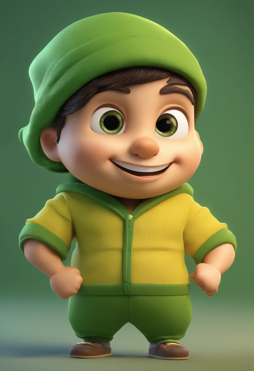 Cartoon character of a boy in an outfit based on a corn costume wearing a green cap with room for a brand and contented appearance, animation character, Caractere estilizado, animation style rendering, 3D estilizado, 3 d render stylized, toon render keyshot, Personagem 3D, Personagem 3D, renderizado