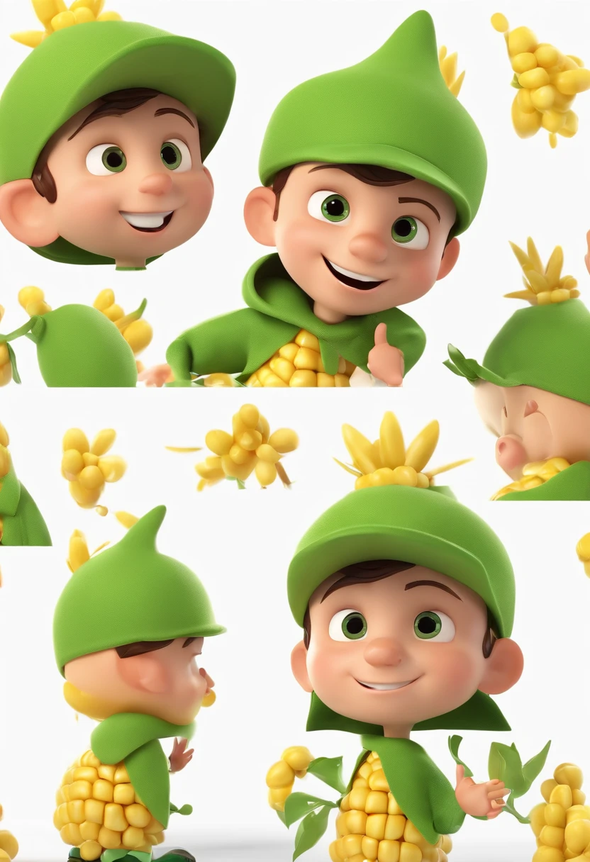 Cartoon character of a boy in an outfit based on a corn costume wearing a green cap with room for a brand and contented appearance, animation character, Caractere estilizado, animation style rendering, 3D estilizado, 3 d render stylized, toon render keyshot, Personagem 3D, Personagem 3D, renderizado