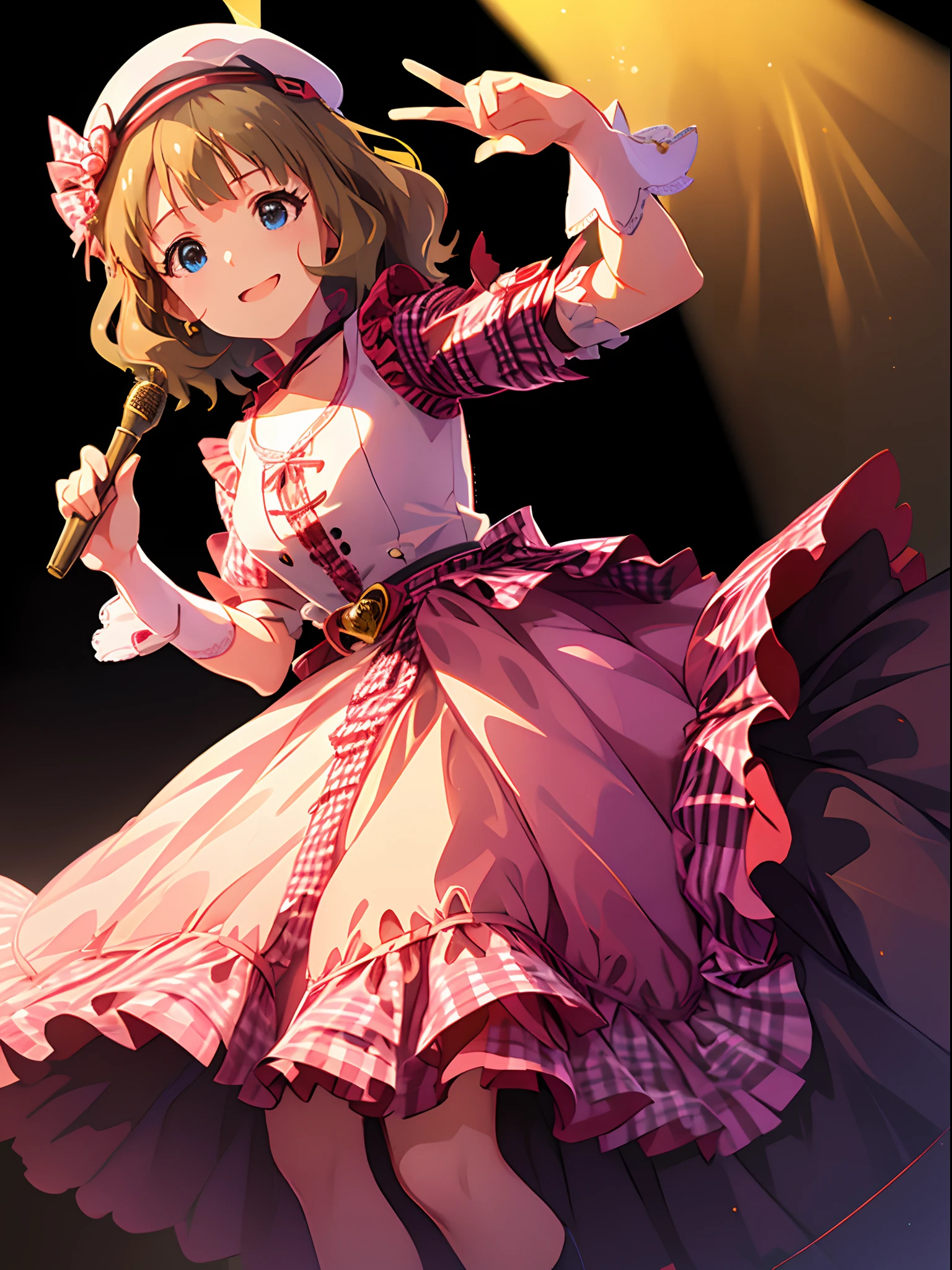 momoko suou (million live), 1 girl, Solo, Cute Girl,Best Quality, Ultra-detailed, 8K, High resolution, Detailed face, lightsmile, (((Dresses with belts, Gingham Dresses))), Small hat, white glove, Retro Fashion, '70, Retro Pop,