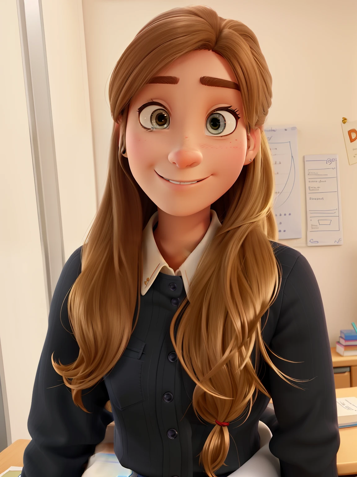 Criar imagem estilo Disney Pixar. The image is of a decorator with chin-length dark blond hair. She's in a room with an office desk and white Formica school desks. There's a whiteboard with the word Talent on Portuguese.