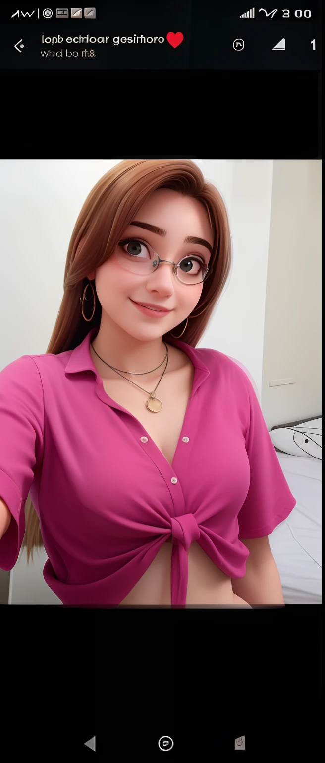 Uma mulher de 18 anos, com longos cabelos castanhos, Rosto redondo, sorriso encantador, e olhos castanhos, wearing glasses.
