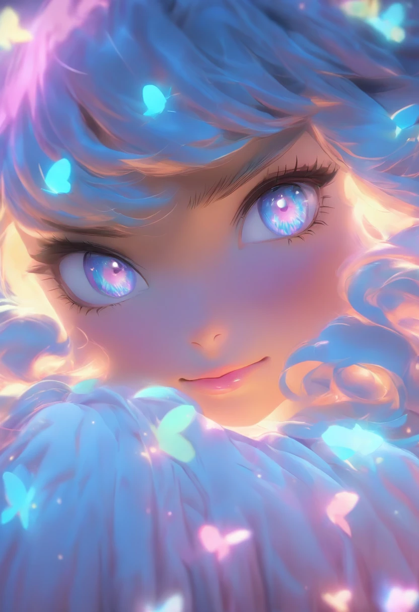 detalhe, realismo, 4k, Mulheres Bonitas, detalhamento facial, Grandes olhos azuis, Plump lips, nariz virado para cima, Cabelo roxo e cabelo grisalho, usando um vestido azul claro, Cat in your hands, Fundo azul do luar, Borboleta branca em primeiro plano, Filmagem realista, profundidade de campos, luz frontal suave, brilhar, NFFSW (PastelColors: 1.2), Canon RF 100mm F2.8L 宏 É USM