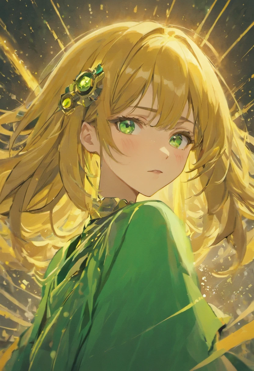 retrato da mulher, cabelo castanho claro com mechas loiras, olhos verdes,