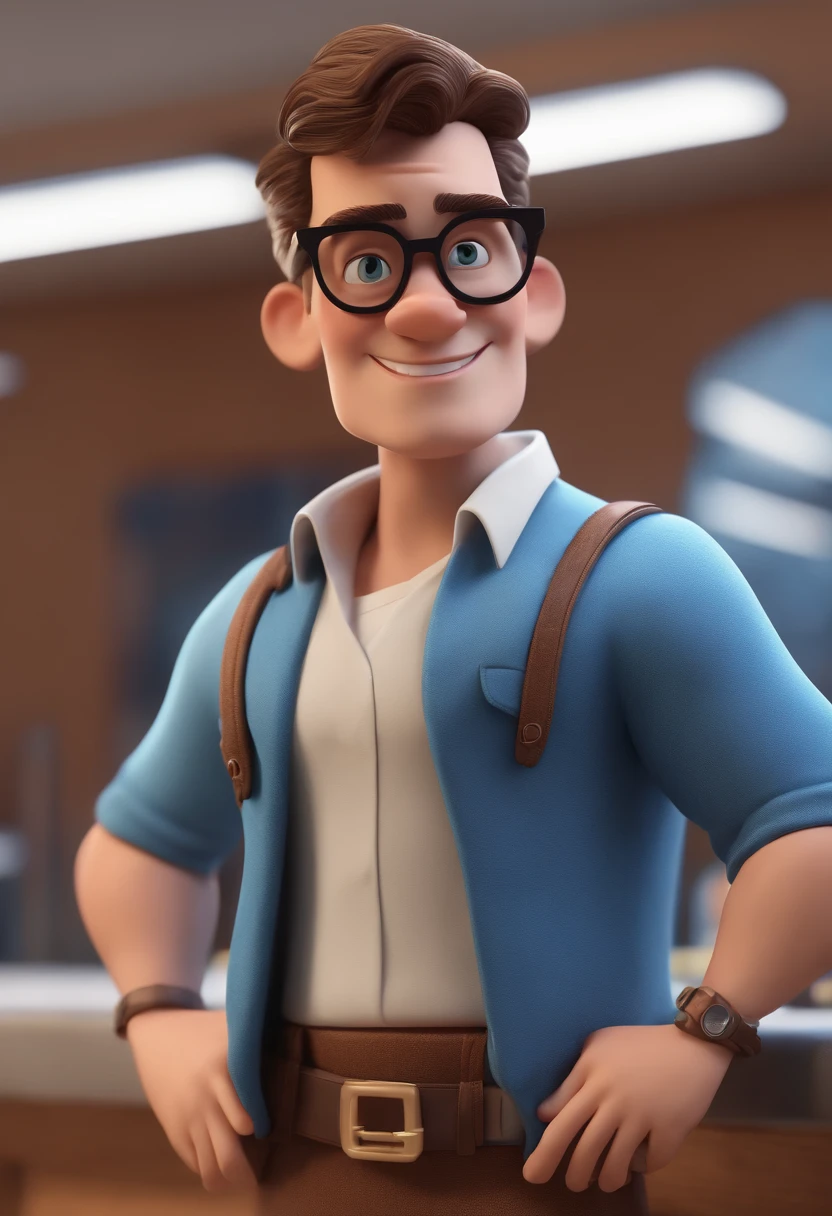 Cartoon character of a man with black glasses and a blue shirt, animation character, Caractere estilizado, animation style rendering, 3D estilizado, Arnold Maya render, 3 d render stylized, toon render keyshot, Personagem 3D, Personagem 3D, 3d rendering stylized, 3 d character render, personagem de desenho animado, Personagem de close up, Pose de personagem,  (Estilo Pixar) (master part:1.2) (Bokeh) (best quality) (pele detalhada) (textura detalhada) (8k) (argila) (Cinematic lighting) (foco nítido