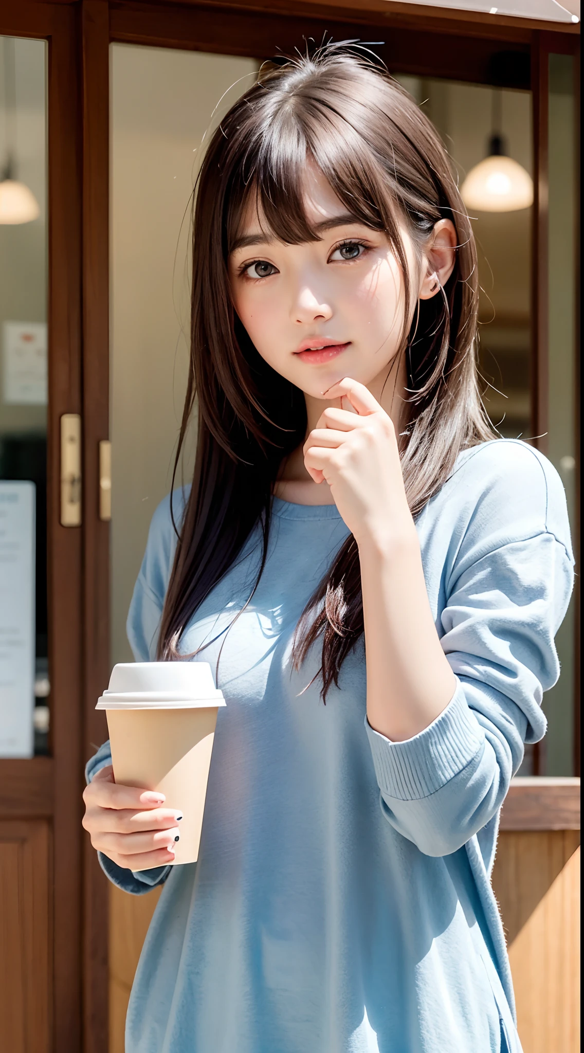 There is a young girl holding coffee in her hand, girl cute-fine-face, cute natural anime face, cute - fine - face, sakimichan, chiho, 奈良美智, Young cute face, the face of a beautiful Japanese girl, brown hair and large eyes, cute kawaii girl, beautiful light big eyes