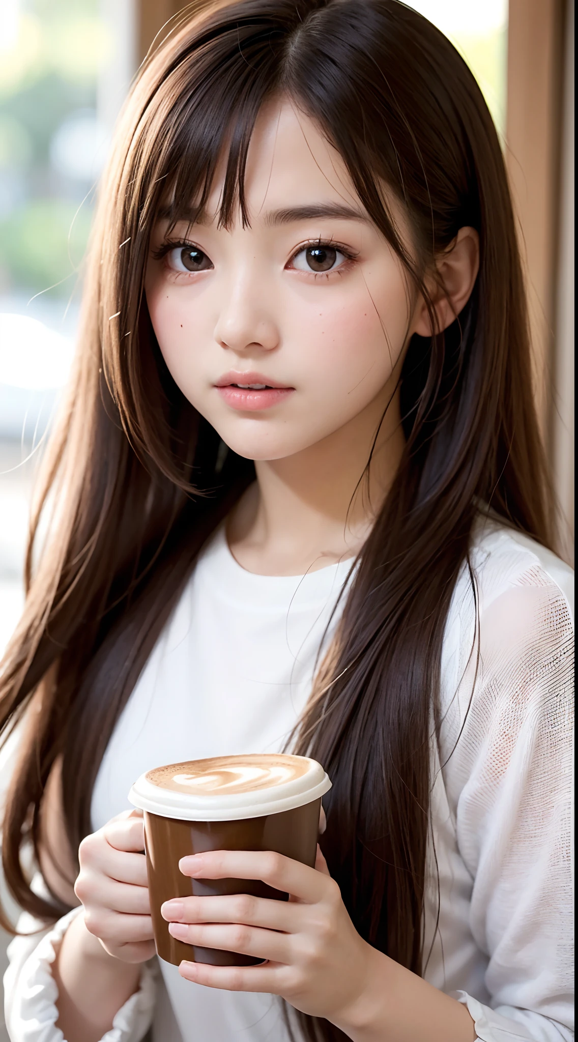 There is a young girl holding coffee in her hand, girl cute-fine-face, cute natural anime face, cute - fine - face, sakimichan, chiho, 奈良美智, Young cute face, the face of a beautiful Japanese girl, brown hair and large eyes, cute kawaii girl, beautiful light big eyes
