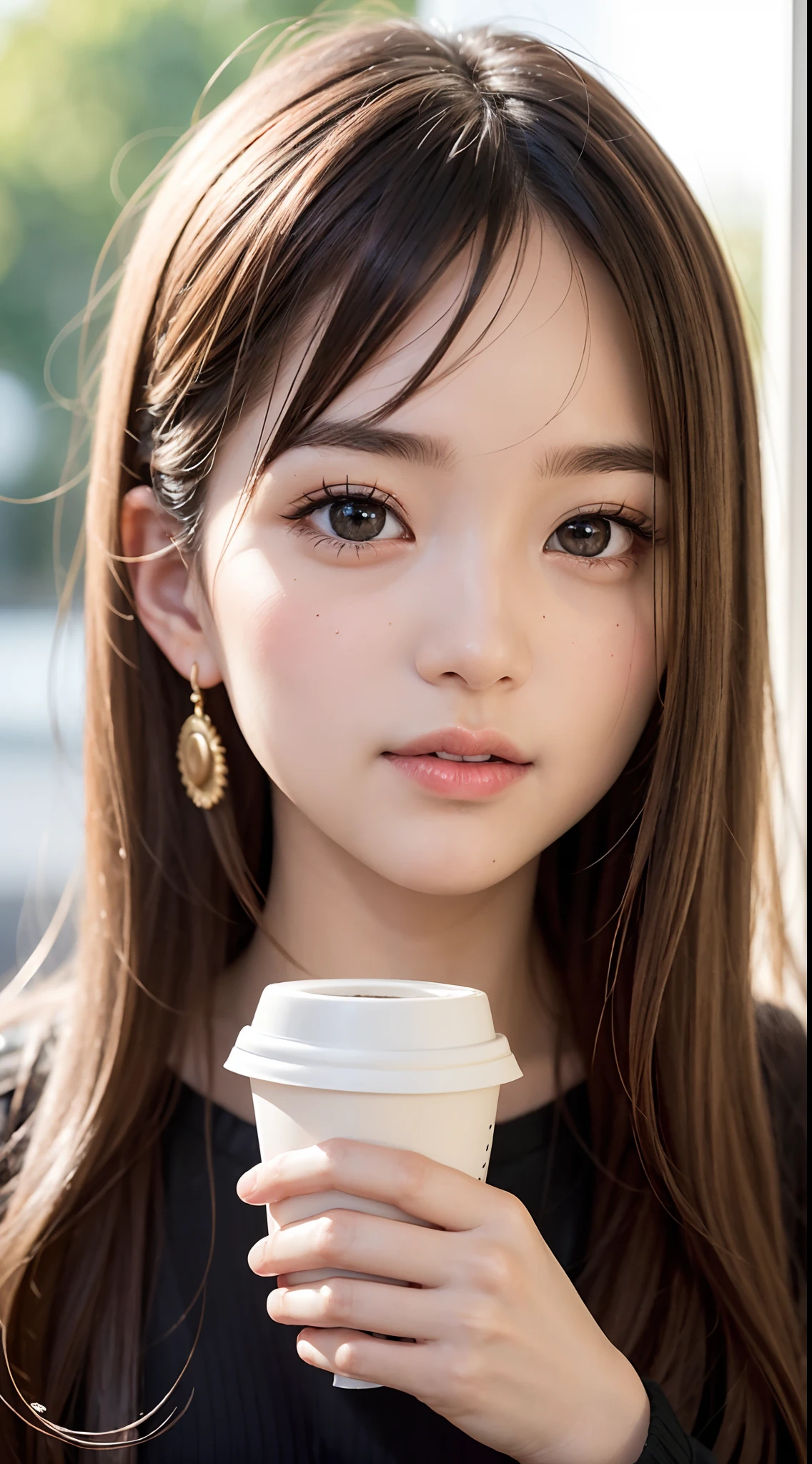 There is a young girl holding coffee in her hand, girl cute-fine-face, cute natural anime face, cute - fine - face, sakimichan, chiho, 奈良美智, Young cute face, the face of a beautiful Japanese girl, brown hair and large eyes, cute kawaii girl, beautiful light big eyes