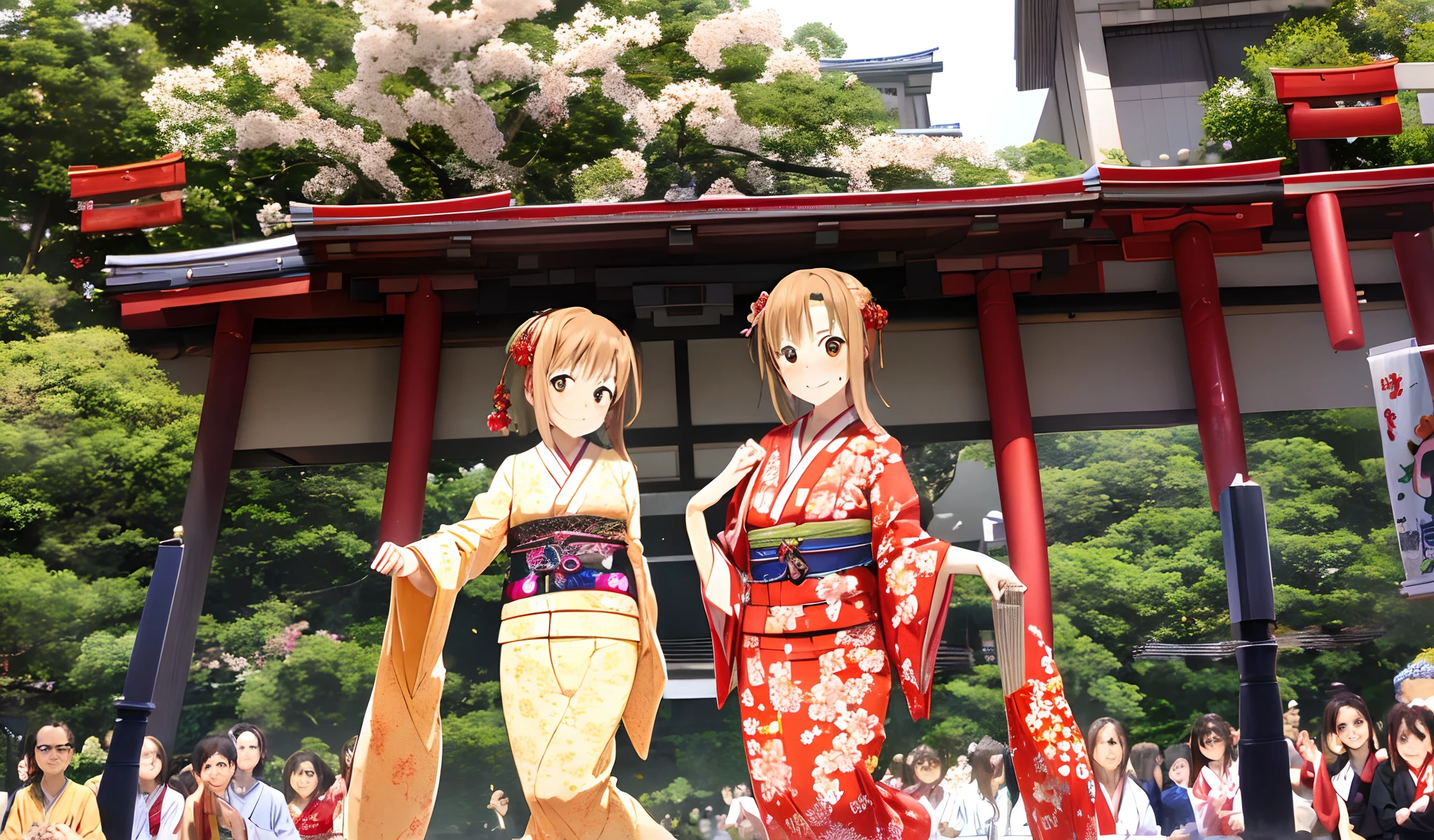 Masterpiece, randome pose,Best quality,Photorealistic ,Natural lighting,One girl,Sunburn,Japan person,Smiling,Narrow waist,cleavage,,cleavage,Sweat,( with sexy transparent yukata floral onry),Japanese festivals,(In front of a crowd),From below