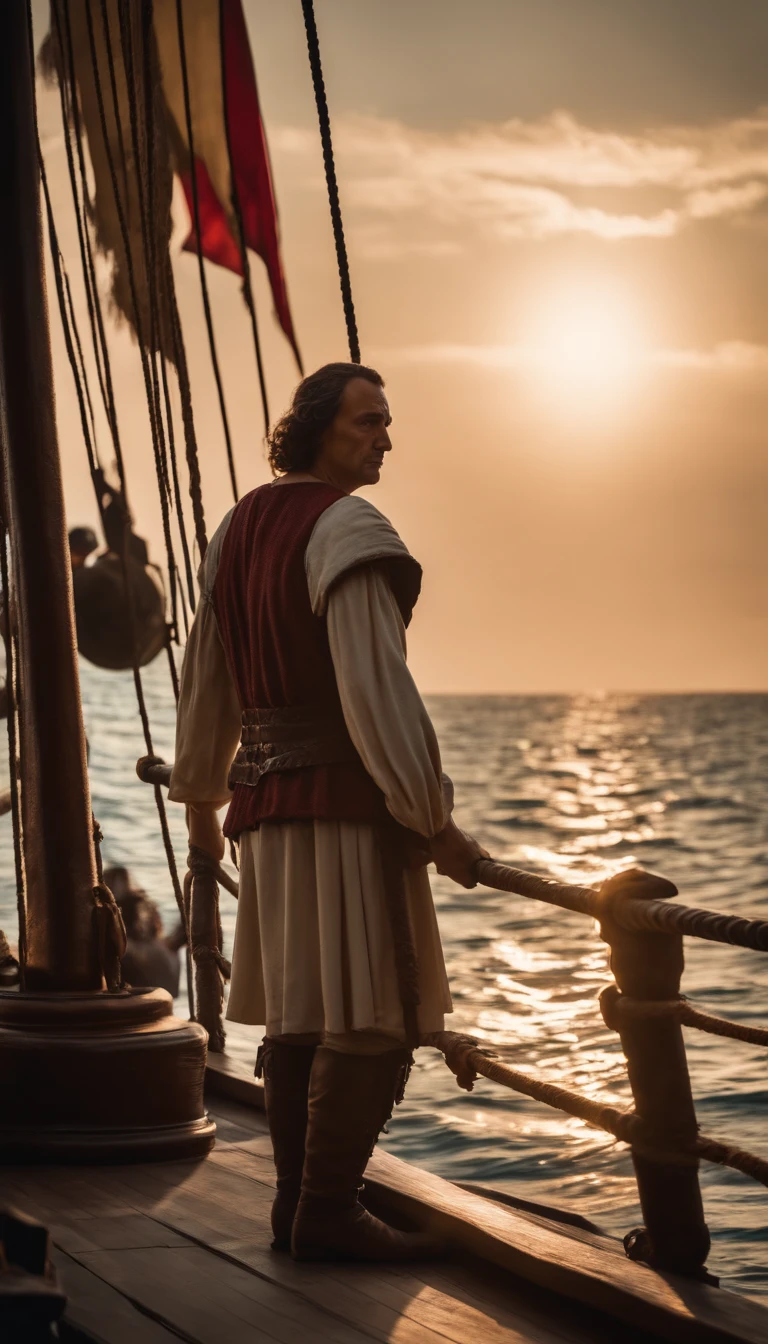 Christopher Columbus on his ship, looking at the horizon before starting your first expedition