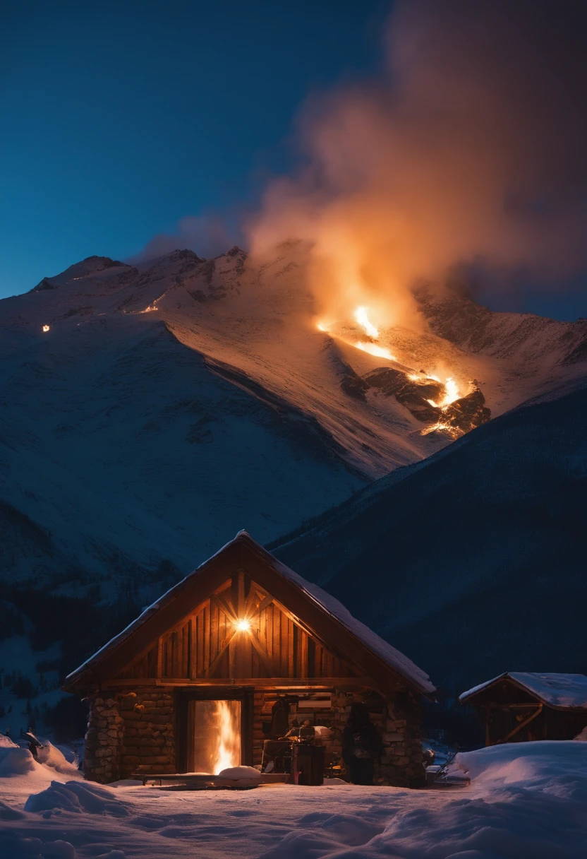 In the middle of the night,Surrounded by snow-capped mountains,A supply station caught fire