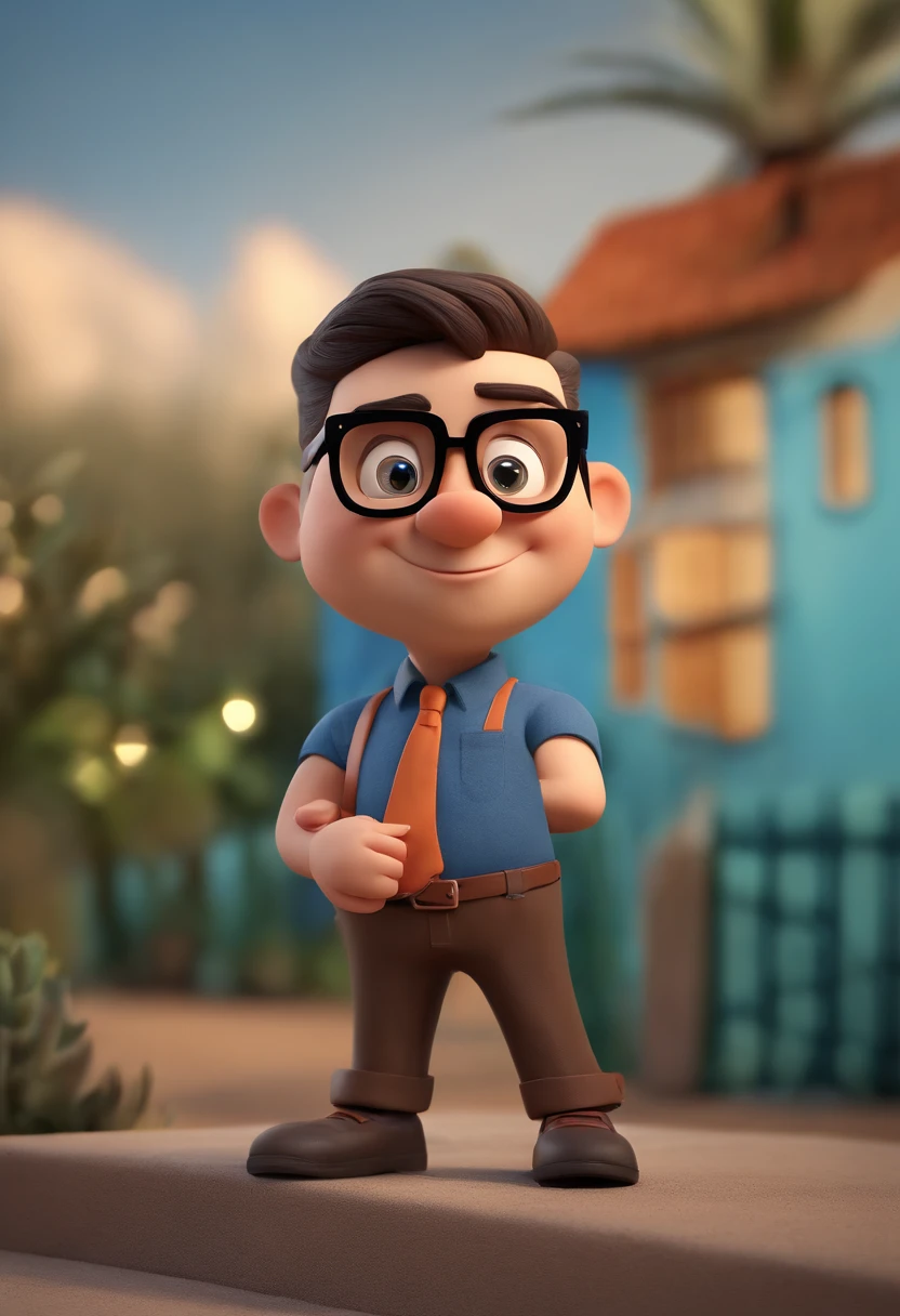 Cartoon character of a man wearing black glasses and a blue shirt, um personagem animado, Caractere estilizado, animation style rendering, 3D estilizado, Arnold Maya render, 3 d render stylized, toon render keyshot, Personagem 3D, Personagem 3D, 3d rendering stylized, 3 d character render, personagem de desenho animado, Personagem de close up, Pose de personagem, (Estilo Pixar) (master part:1.2) (Bokeh) (best quality) (pele detalhada) (textura detalhada) (8k) (argila) (Cinematic lighting) (foco nítido,Senta e vaza a parte superior do corpo