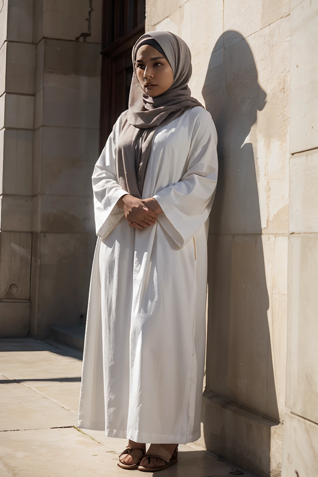 beautiful face women, sad, hijabed, full body, looking down, cinematic style dramatic shadow, white skin color