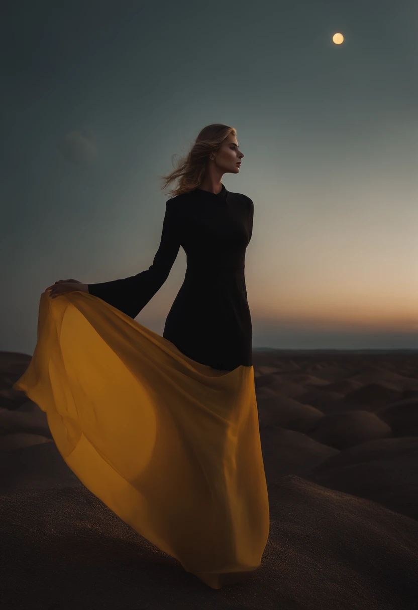 surreal minimalism fashion photography, elegant lady, yellow and black ,moon, otherworldly landscape