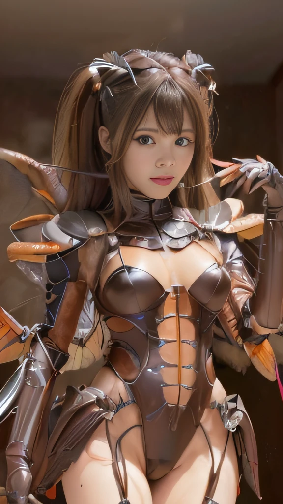 (high resolution,masterpiece,best quality,extremely detailed CG, anime, official art:1.4), realistic, photo, amazing fine details, all intricate, gloss and shiny,awesome many layers, 8k wall paper, 3d, sketch, kawaii, illustration,( solo:1.4), perfect female proportion,villainess, (fusion of dark brown cockroach and lady:1.4), (brown cockroach form lady:1.2), (brown cockroach lady:1.2), (fusion:1.2), (solo:1.4), (evil smile:1.2), muscular, abs, (cockroach brown exoskeleton bio insect suit:1.4), (cockroach brown exoskeleton bio insect armor:1.2), (brown transparency cockroach wing:1.4), (brown cockroach antennae:1.3),