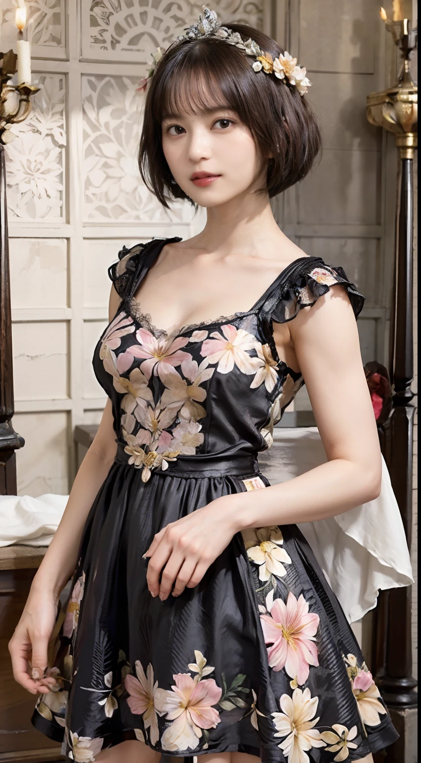 A dress with a chinoiserie style with lace elements at the neckline and cuffs of the dress with a traditional moire pattern with details such as pleats, embroidery, beads, silk, crepe, knee-length or length, and bows or flowers at the waist or neckline