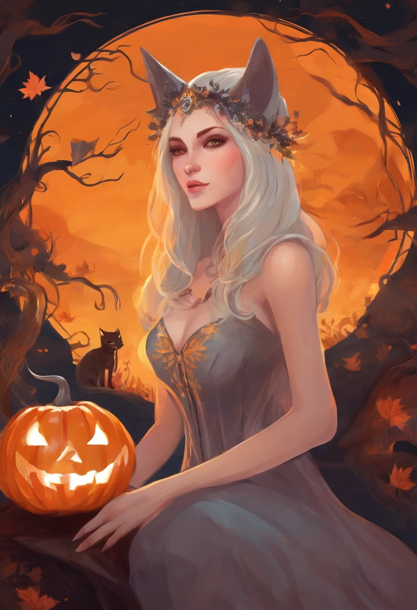 The woman,witchy,ghotic, Halloween,cat,black,Pumpkin