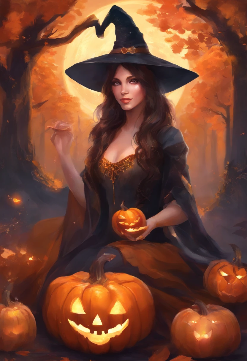 The woman,witchy,ghotic, Halloween,cat,black,Pumpkin