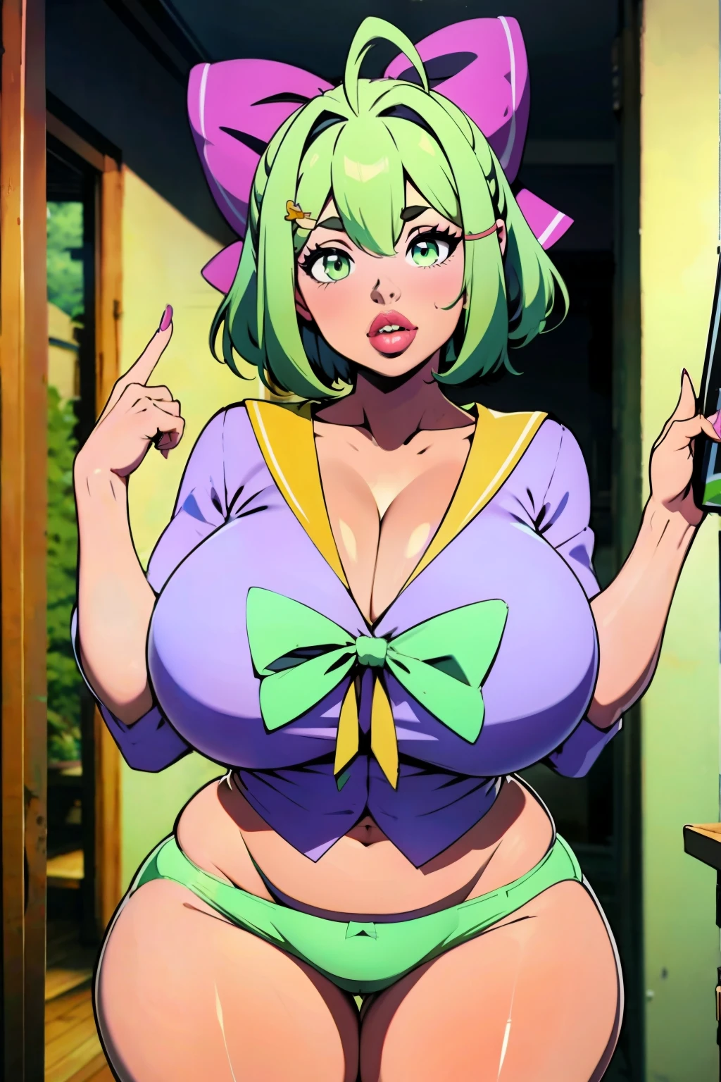 1girll, ((Bimbo))), Short green hair, Puffy lips, Painted lips, Thick lips, Wide hips, Thick thighs, Huge ass, Bimborough face , gigantic natural breasts, cleavage, Green panties, Hanging breasts, Take off your bra,,, Green short bob hair, Issuing,hair bow,antenna hair, Green eyes, hair between eye, Medium hair, side locks,