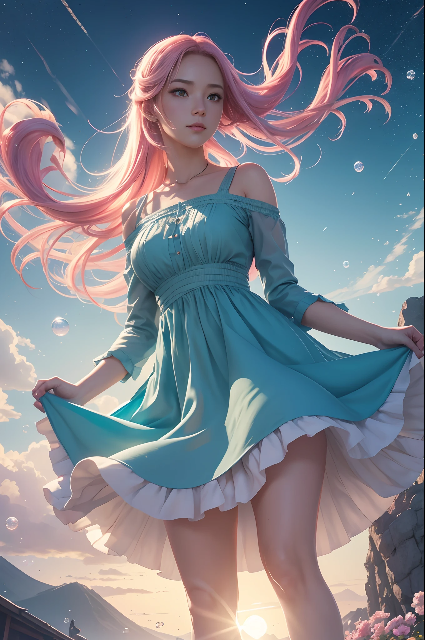 high quality, 8K Ultra HD, high detailed, masterpiece, A digital illustration of anime style, soft anime tones, Detailed illustration of many colorful soap bubbles falling from the sky on a beautiful woman, pale blue dress, colorful colors, colorful woman, pink hair, blue eye, luminism, three dimensional effect, enhanced beauty, Albert Anker, Kyoto Animation, Greg Rutkowski, Artgerm, WLOP, Alphonse Beeple, luminism, 3d render, octane render, Isometric, by yukisakura, awesome full color,