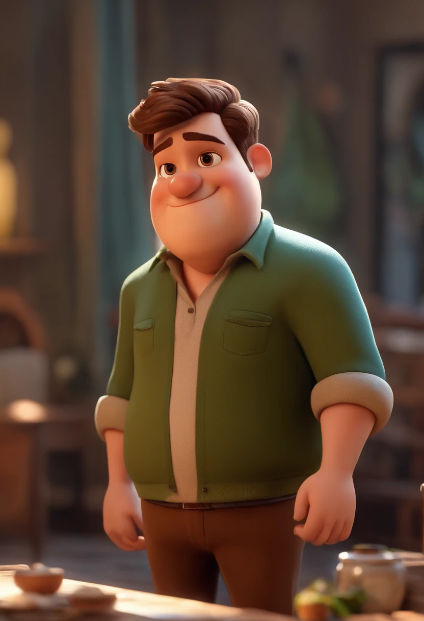 Fat man with short brown hair back with brown eye medium height in casual clothes 3d pixar style