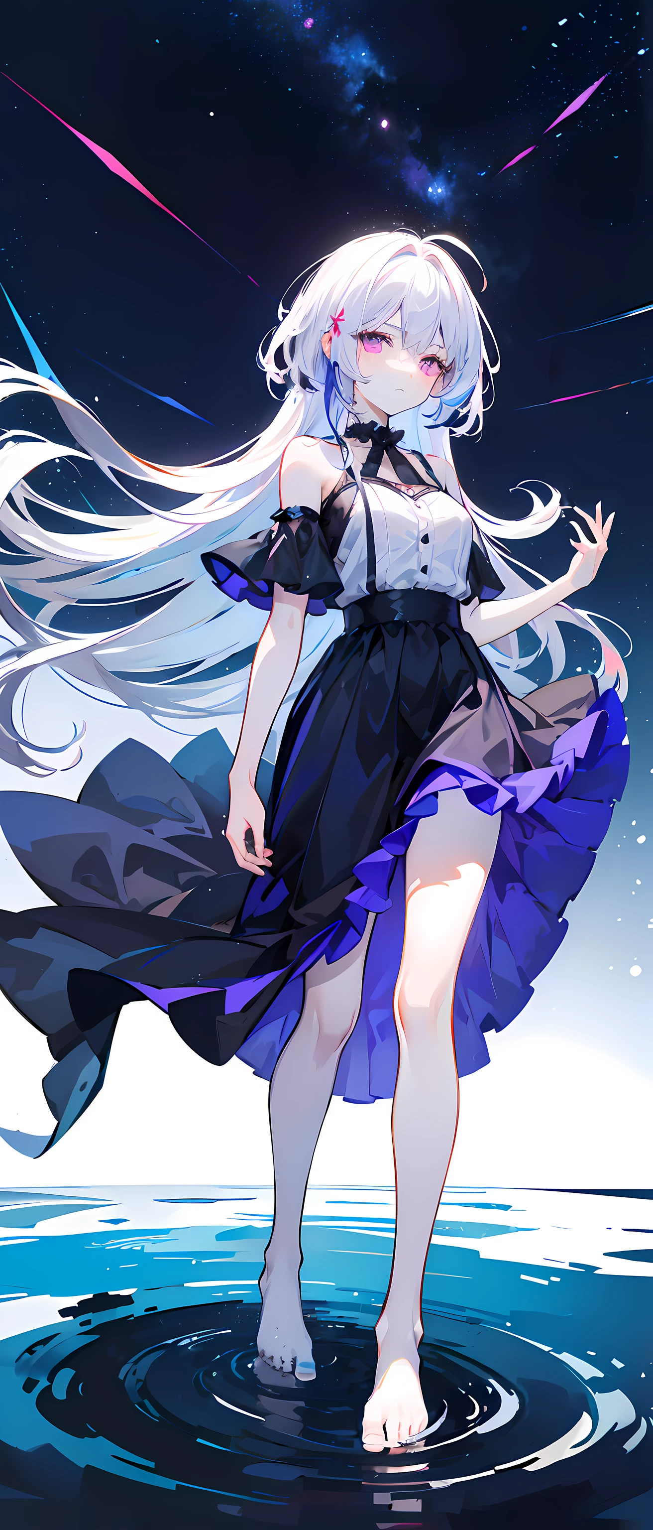 Murdan-blue gradient hair,Asymmetrical hair,（（Very fluffy hair，Hair is well-defined1.5））， hair over shoulders, Messy hair, Very long hair, Shiny hair，(Long hair:1.2),a beauty girl，Luxurious violet skirt，Tall and tall，slenderness，(Looks sad，face drawn and pale，grieves，closing the mouth：1.2） Set against the backdrop of a brilliant dark starry sky，standing on your feet，Barefoot，afloat，waterface，Dignified，long leges，Tap your toes with water，full bodyesbian