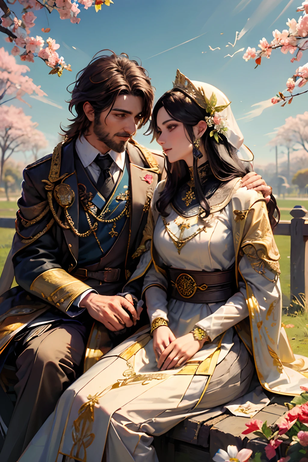 A beautiful Iranian woman is sitting under a tree in a garden full of flowers. She is wearing a traditional Iranian dress, and her hair is flowing in the wind. She is holding a an apple in her hand, and she is offering it to a handsome Iranian man who is sitting next to her. The man is wearing a traditional Iranian suit, and he has a kind smile on his face. They are both looking into each other's eyes, and they are clearly in love, butterfly is flying,  floral background, twilight dramatic light, the traditional Iranian miniature paintings