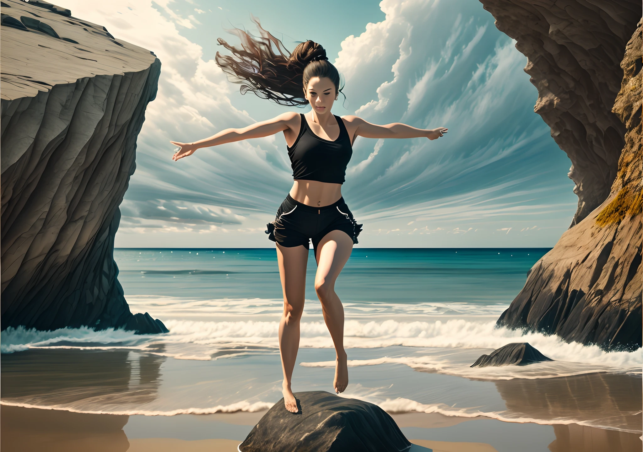 Create an image of a woman standing on a rocky cliff overlooking a body of water. She has her arms spread wide, and her body is turned towards the water, giving the impression that she is about to jump into the sea. She is wearing a black tank top and black shorts, with her hair styled in a messy bun. Capture the moment of anticipation and excitement as she is poised to take a leap of faith into the unknown depths of the ocean --auto --s2