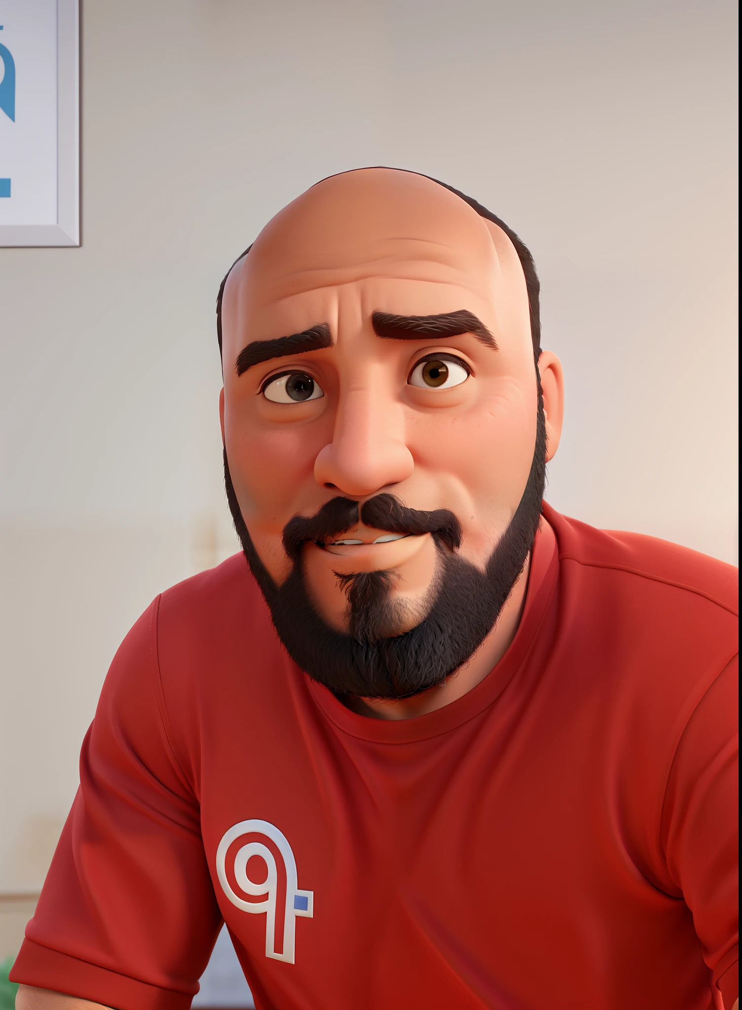 Poster no estilo Disney pixar, alta qualidade, melhor qualidade, homem moreno de pele parda, 30 anos careca barba preta, musculoso, with professional camera. Camisa preta. Rosto mais parecido com o original.
