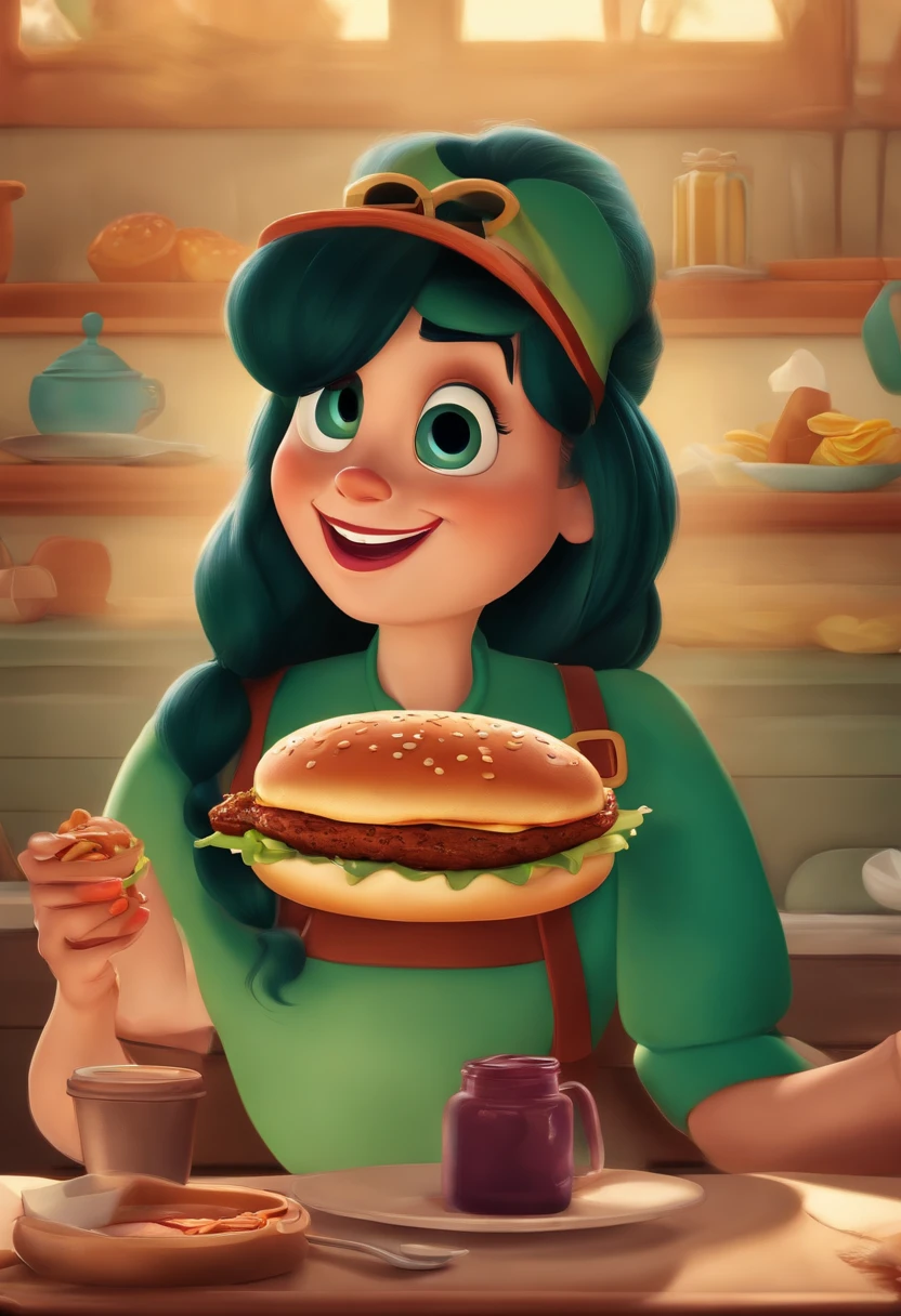 criar essa foto como Disney Cartoon, She's eating hamburger, Pixar, ..3d, Disney