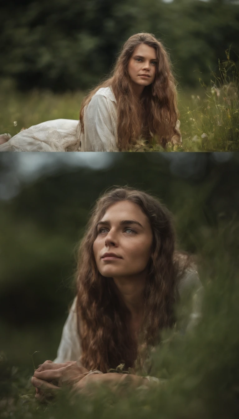 beauitful face，Long hair，The face remains unchanged, The clothes were modified, Ragged female beggar, Rags, Tattered clothes, Lying on the grass