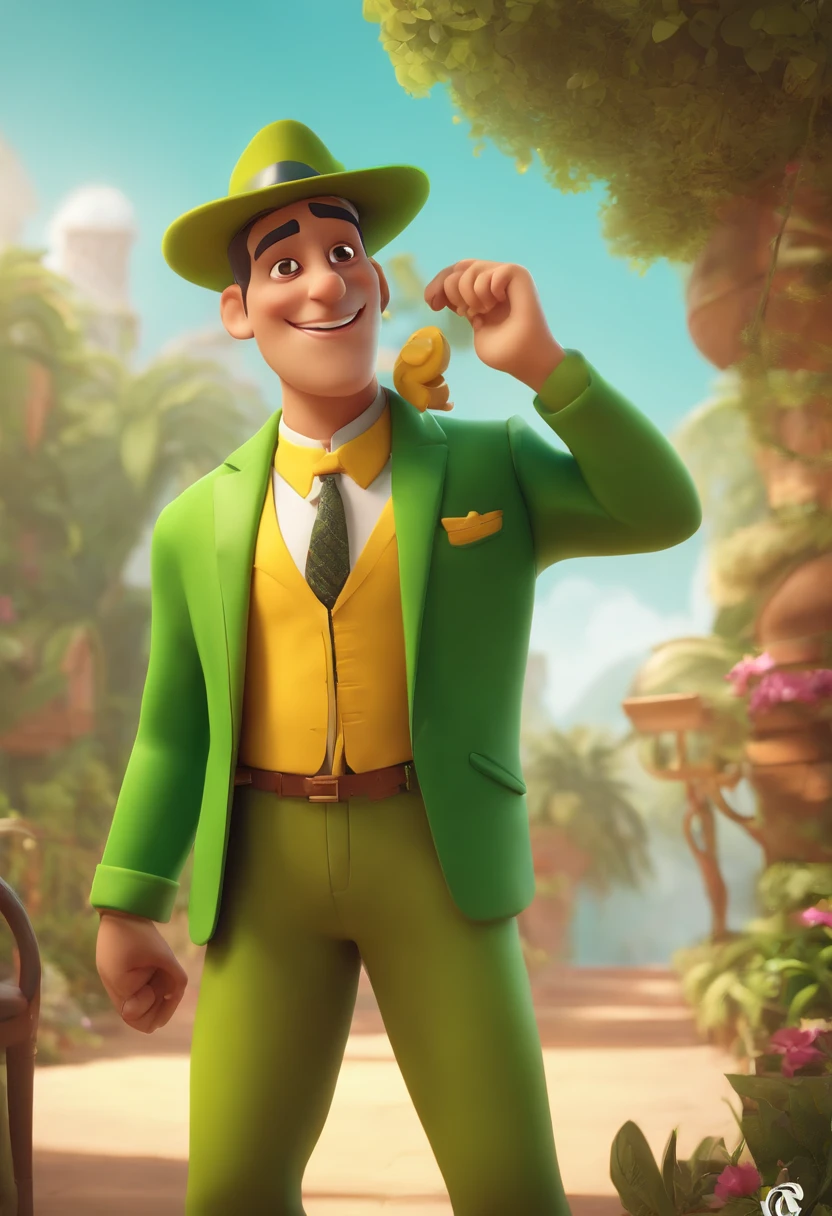 Personagem de desenho animado de um rapaz com uma roupa baseada em uma fantasia de milho, camisa amarela e jaqueta verde, The pants are green and a big green shoe, Wearing a green top hat cap, animation character, Caractere estilizado, animation style rendering, 3D estilizado, 3 d render stylized, toon render keyshot, Personagem 3D, Personagem 3D, renderizado