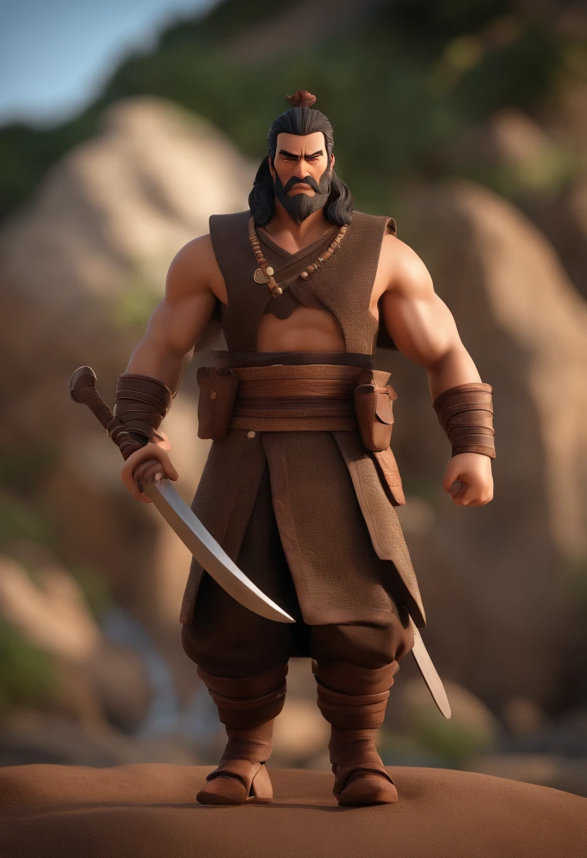 personagem dos desenhos animados de um homem com 37 anos, com barba, pele morena, cabelo coque samurai e uma camisa preta, animation character, Caractere estilizado, animation style rendering, 3D estilizado, Arnold Maya render, 3 d render stylized, toon render keyshot, Personagem 3D, Personagem 3D, 3d rendering stylized, 3 d character render, personagem de desenho animado, Personagem de close up, Pose de personagem, (Estilo Pixar) (master part:1.2) (Bokeh) (best quality) (pele detalhada) (textura detalhada) (8k) (argila) (Cinematic lighting) (foco nítido