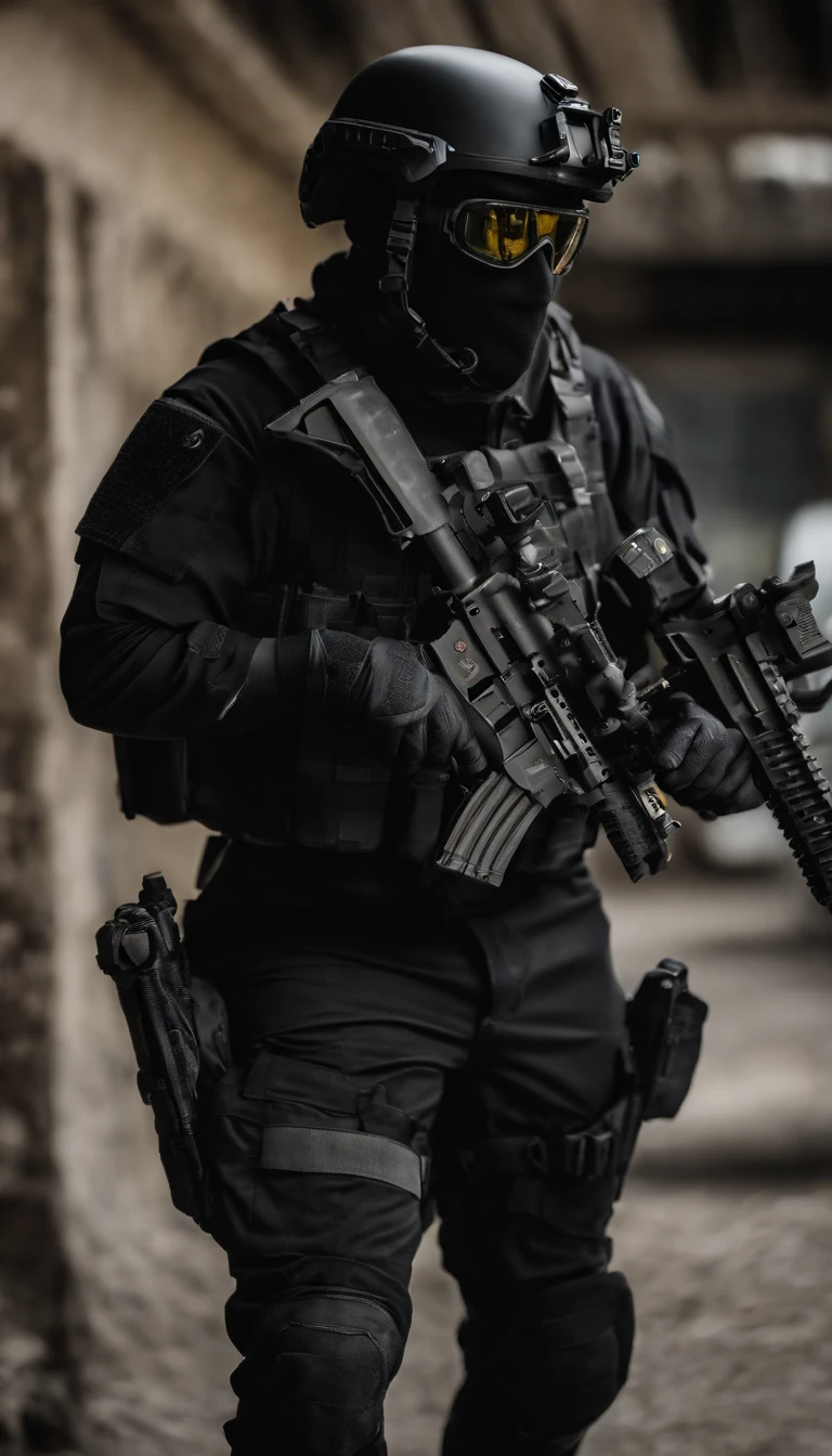 (Best quality,4K,8K,A high resolution,Masterpiece:1.2),Ultra-detailed,(Realistic,Photorealistic,photo-realistic:1.37), One of them wore a black SWAT uniform,Man in black helmet, A man in a black mask holds a gun, Air rifle CQB, French Special Operations, realistic soldiers, Soldiers in tactical equipment, tactical gear, cinematic —ar 16:9, realistic military equipment, Tactical armor, Black tactical equipment, combat outfit, Futuristic soldier costume, special forces security(Best quality,4K,8K,A high resolution,Masterpiece:1.2),Ultra-detailed,(Realistic,Photorealistic,photo-realistic:1.37), One of them wore a black SWAT uniform,Man in black helmet, A man wearing a black skull mask holds a gun, assault rifle,CQB, French Special Operations, realistic soldiers, Soldiers in tactical equipment, tactical gear, cinematic —ar 16:9, realistic military equipment, Tactical armor, Black tactical equipment, combat outfit, Futuristic soldier costume, special forces security,FBI official,Zombie crisis,Zombie background,There was chaos,Police shoot at zombies