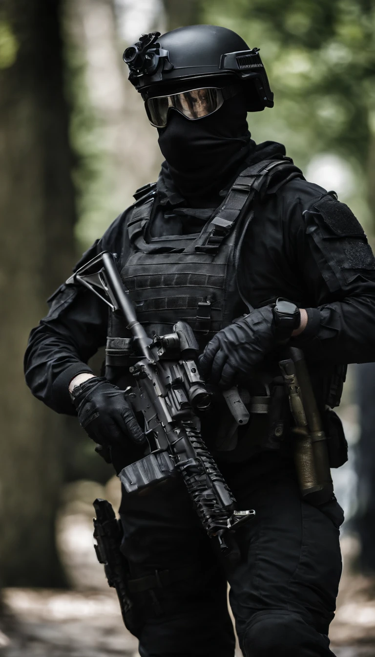 (Best quality,4K,8K,A high resolution,Masterpiece:1.2),Ultra-detailed,(Realistic,Photorealistic,photo-realistic:1.37), One of them wore a black SWAT uniform，Man in black helmet, A man in a black mask holds a gun, Air rifle CQB, French Special Operations, realistic soldiers, Soldiers in tactical equipment, tactical gear, cinematic —ar 16:9, realistic military equipment, Tactical armor, Black tactical equipment, combat outfit, Futuristic soldier costume, special forces security(Best quality,4K,8K,A high resolution,Masterpiece:1.2),Ultra-detailed,(Realistic,Photorealistic,photo-realistic:1.37), One of them wore a black SWAT uniform，Man in black helmet, A man wearing a black skull mask holds a gun, assault rifle，CQB, French Special Operations, realistic soldiers, Soldiers in tactical equipment, tactical gear, cinematic —ar 16:9, realistic military equipment, Tactical armor, Black tactical equipment, combat outfit, Futuristic soldier costume, special forces security，FBI official，Zombie crisis，Zombie background，There was chaos，Police shoot at zombies