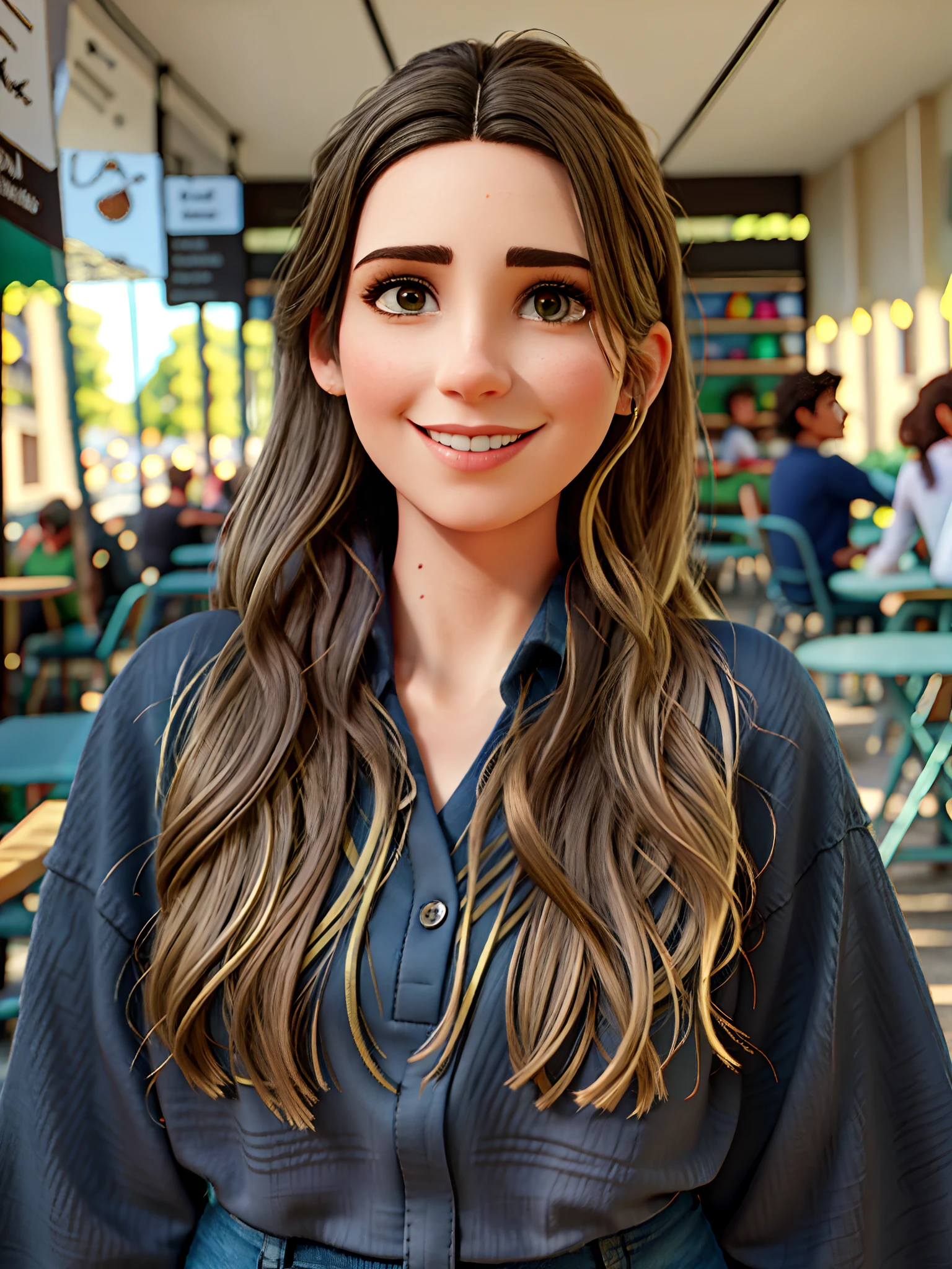 Beautiful Brazilian woman sitting and drinking coffee outside on the side of the street in a small café, beautiful face, Short black hair down to the nape of her neck with brown eyes and heavy eyeshadow, Wearing jeans and a black polo shirt, grande estilo de moda, looking at you with loving eyes and a soft smile, Background is a European city of the city center, fundo desfocado, profundidade de campo rasa, Cinematic light, luz suave, retroiluminado, micro-detalhes, renderizado, fotorrealista, cinemactic, 85mm 1.4